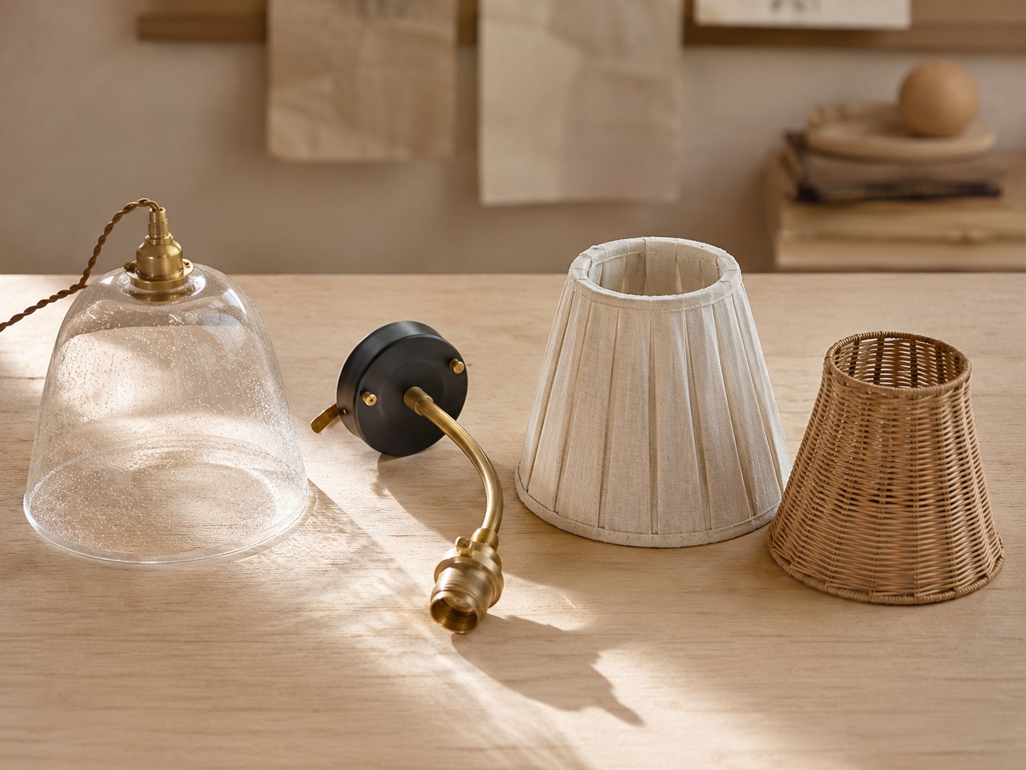 Glass, metal, fabric, and rattan materials