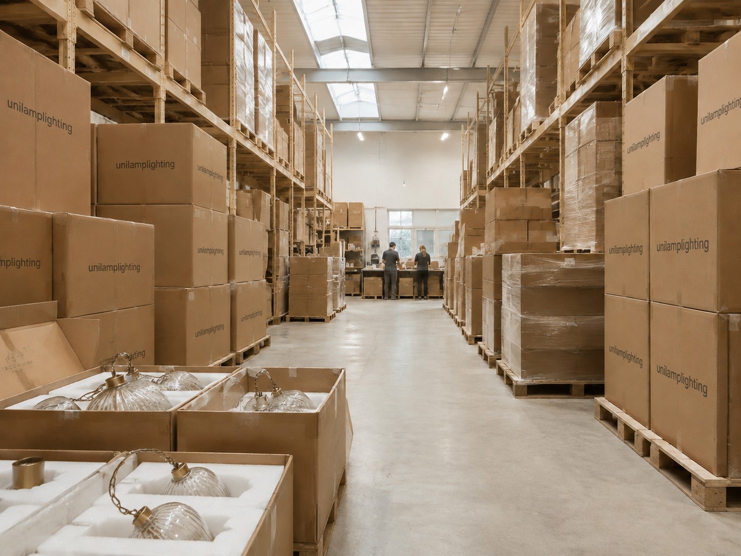 Packed lighting cartons in the warehouse
