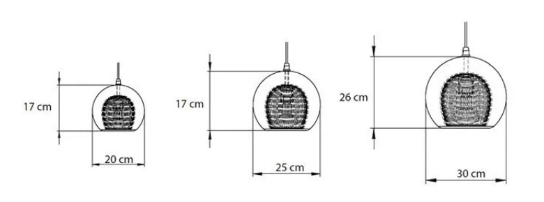Line drawing of three globe pendants: 20 by 17 cm, 25 by 17 cm, and 30 by 26 cm
