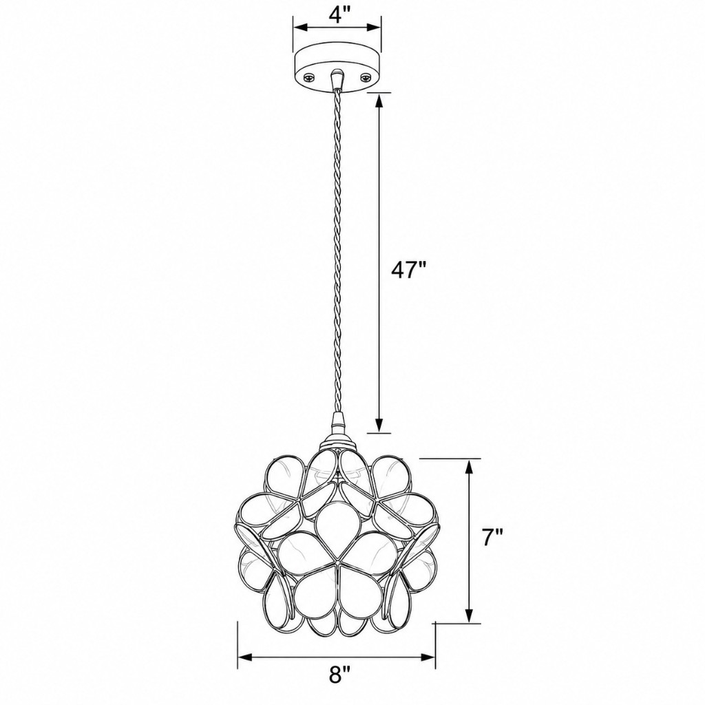 Line drawing of the flower-glass pendant with canopy 4 inches, cord 47 inches, shade 8 inches wide and 7 inches high