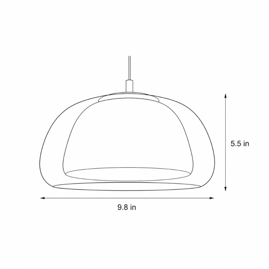 Line drawing of the jelly glass pendant, 9.8 inches wide and 5.5 inches high