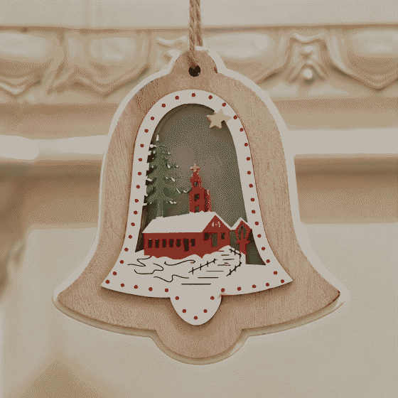 Animated wooden bell hanging ornament with a church-in-snow cutout and warm interior light