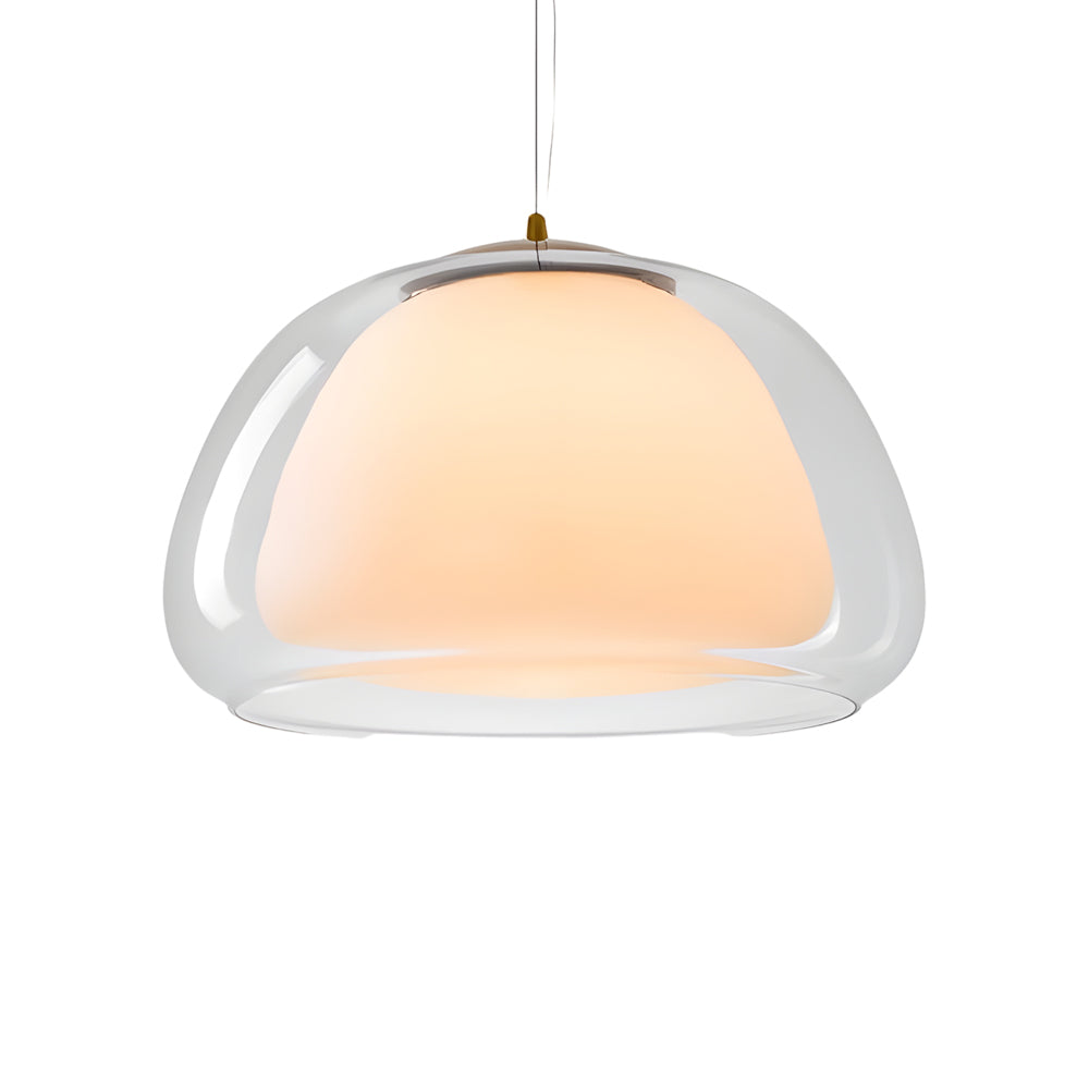 Transparent jelly glass pendant with clear outer bowl and milky inner shade