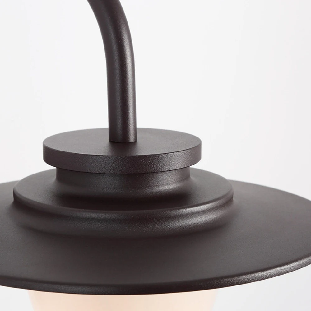 Close view of round canopy over frosted glass shade