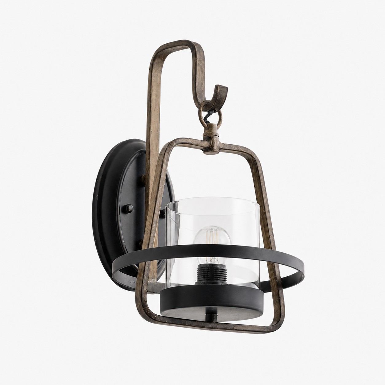 Rust finish clear glass wall sconce SKU on white background