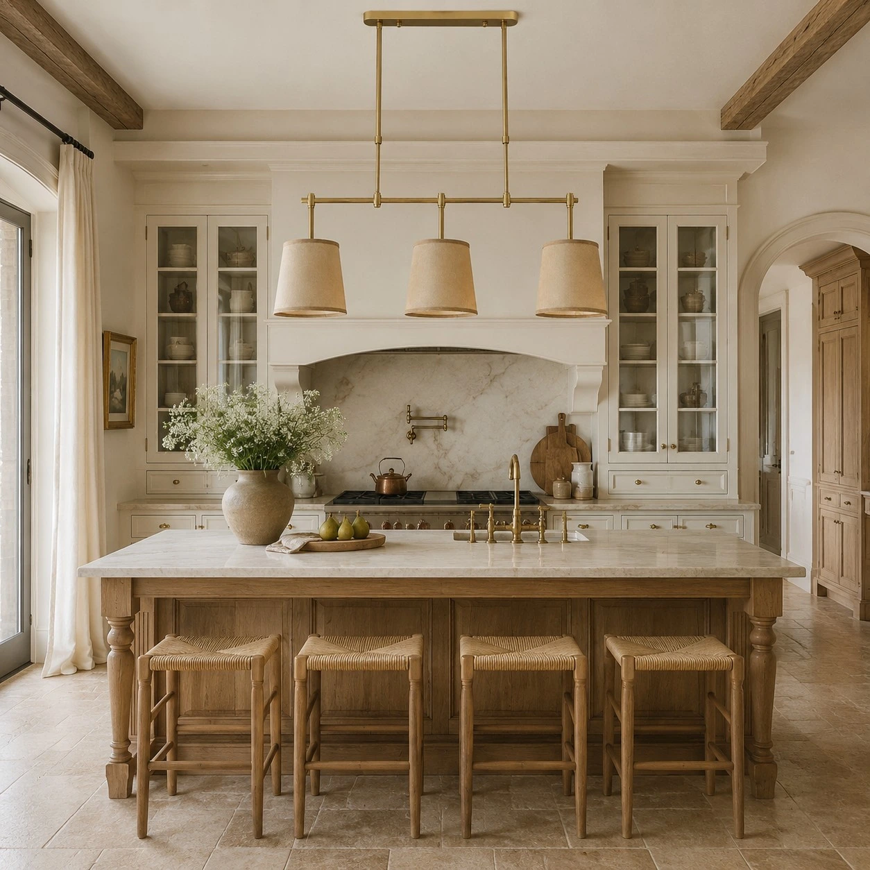 Dumora Beige and Antique Brass linear chandelier in a warm kitchen