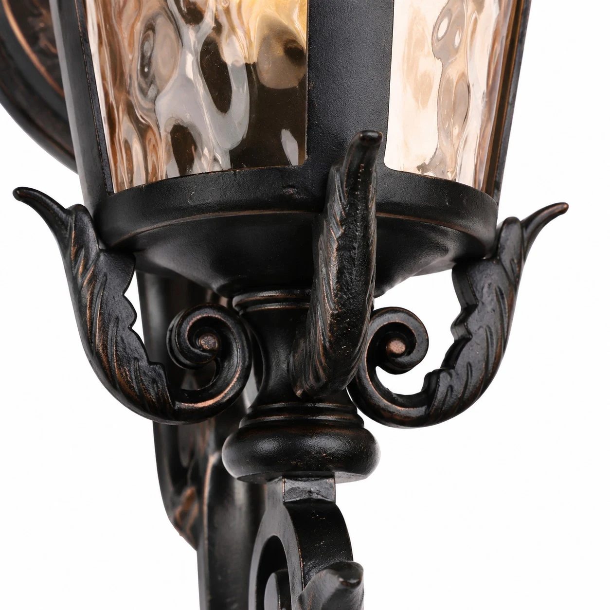 Lower scrollwork and framed glass detail