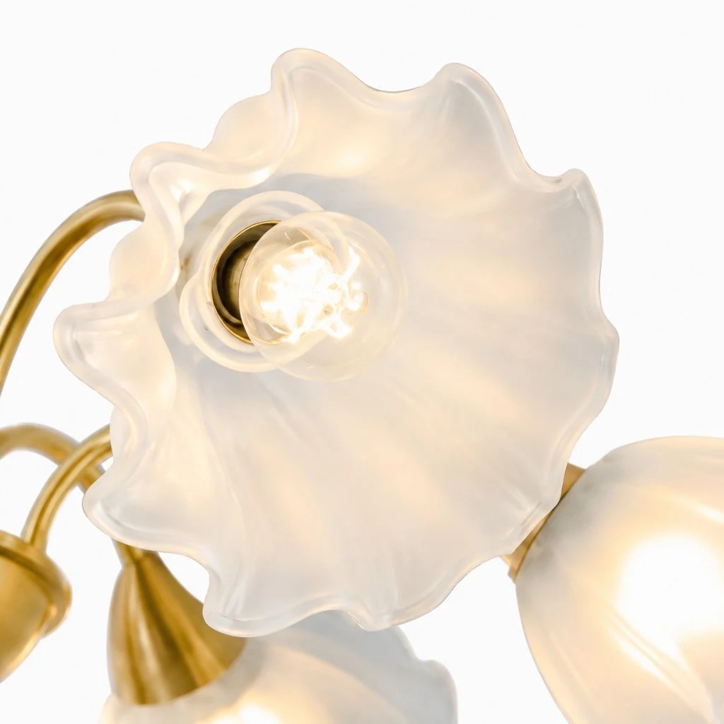 Close-up of a frosted floral glass petal shade and E27 socket