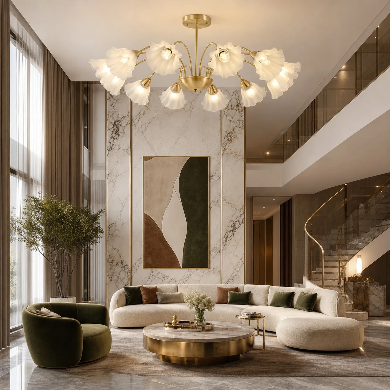 Twelve-arm floral glass chandelier in a double-height living room