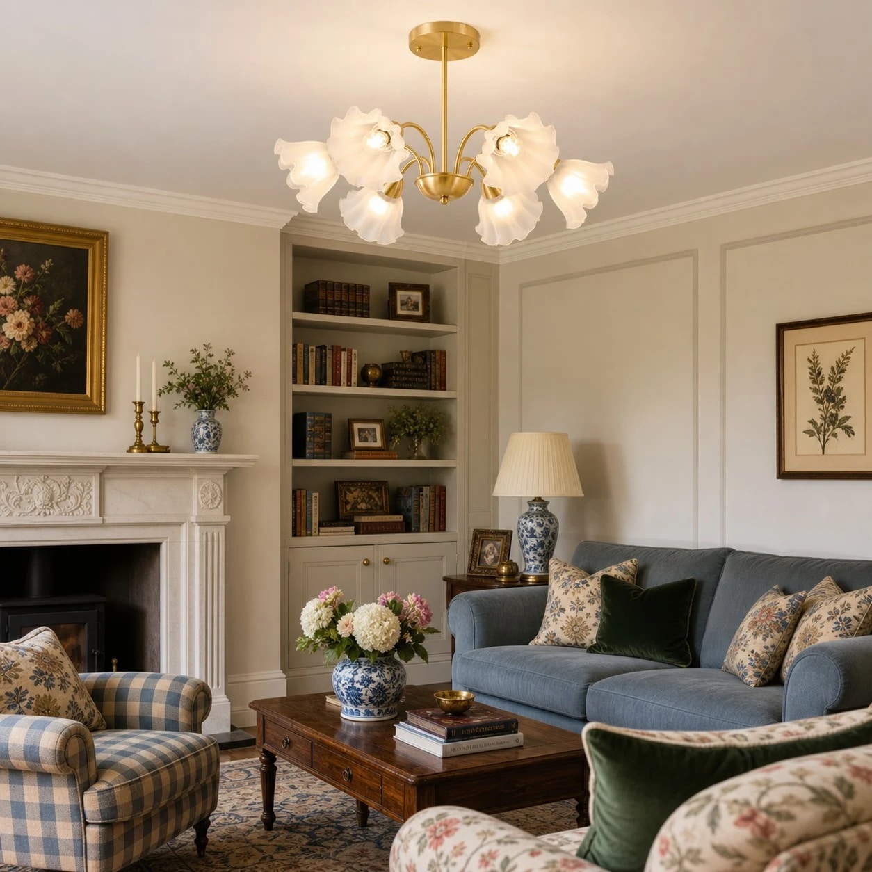 Six-arm floral glass chandelier in a traditional living room