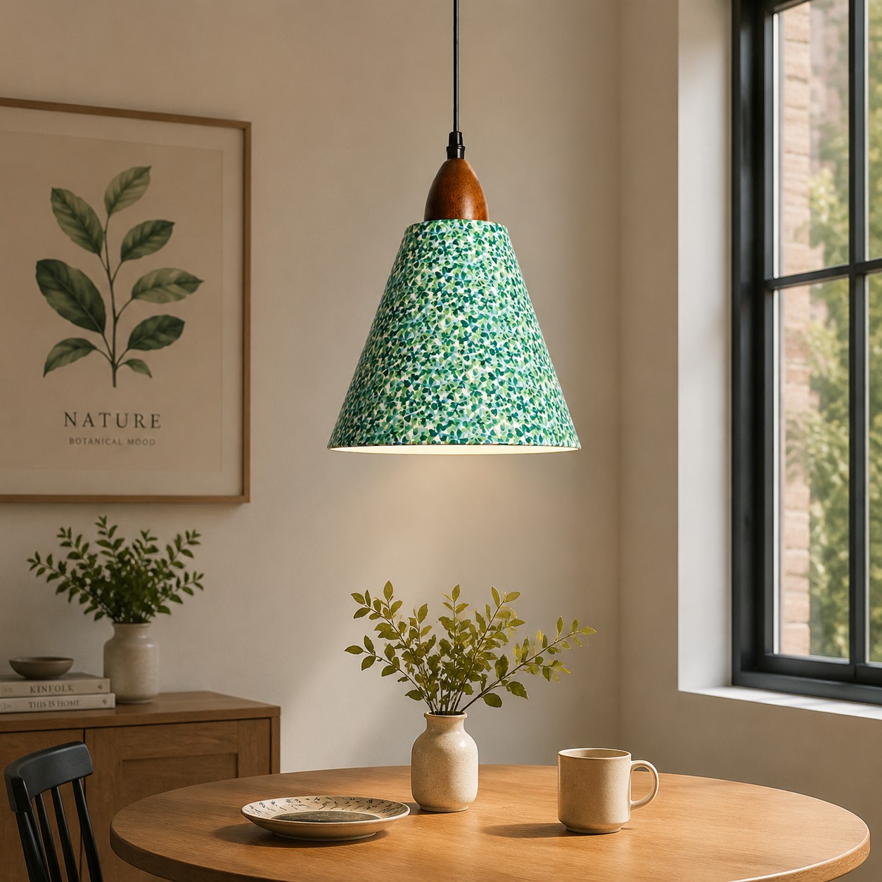 Clover floral pendant above round dining table in calm interior