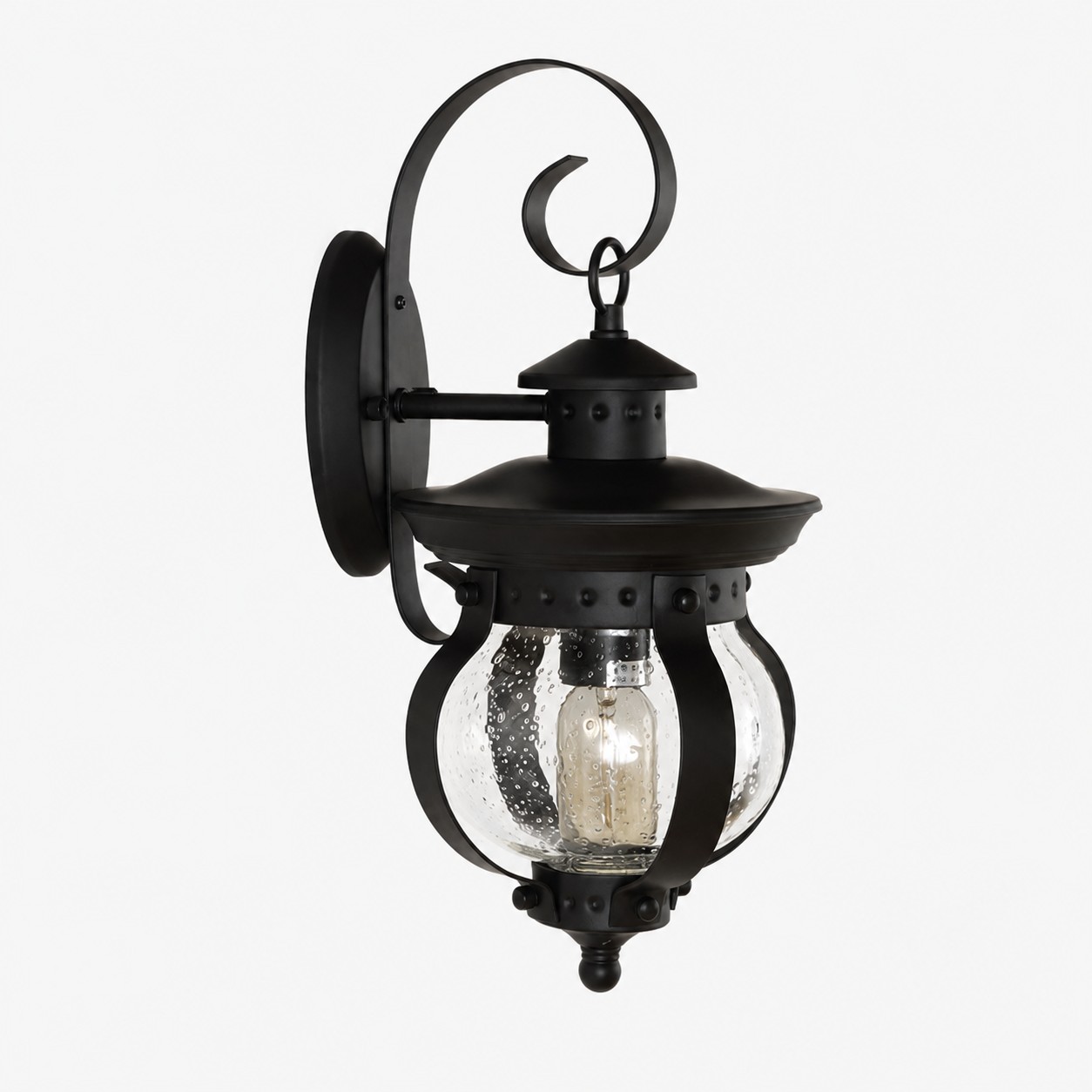 Black outdoor wall lantern with seeded art glass
