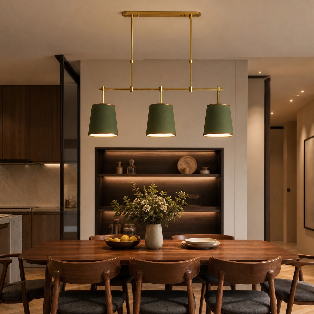 Dumora Green and Antique Brass linear chandelier over a dining table