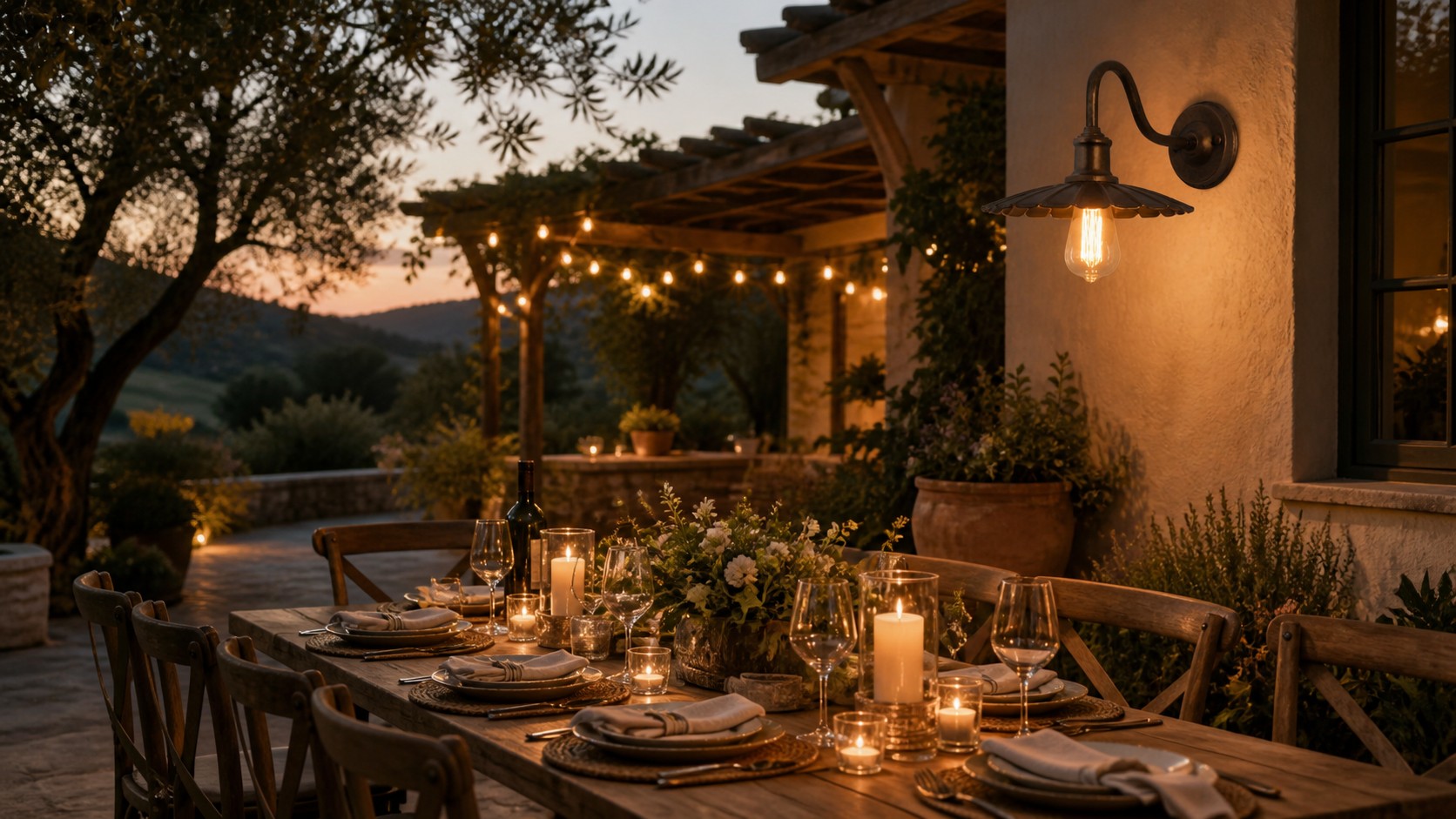 Black outdoor wall sconce illuminating a covered patio after dark