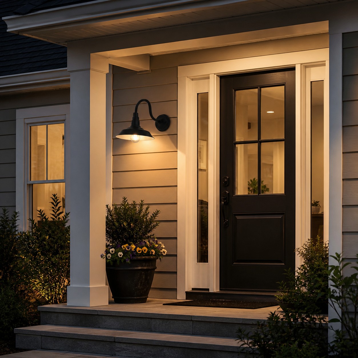 Black gooseneck wall sconce beside a residential front door