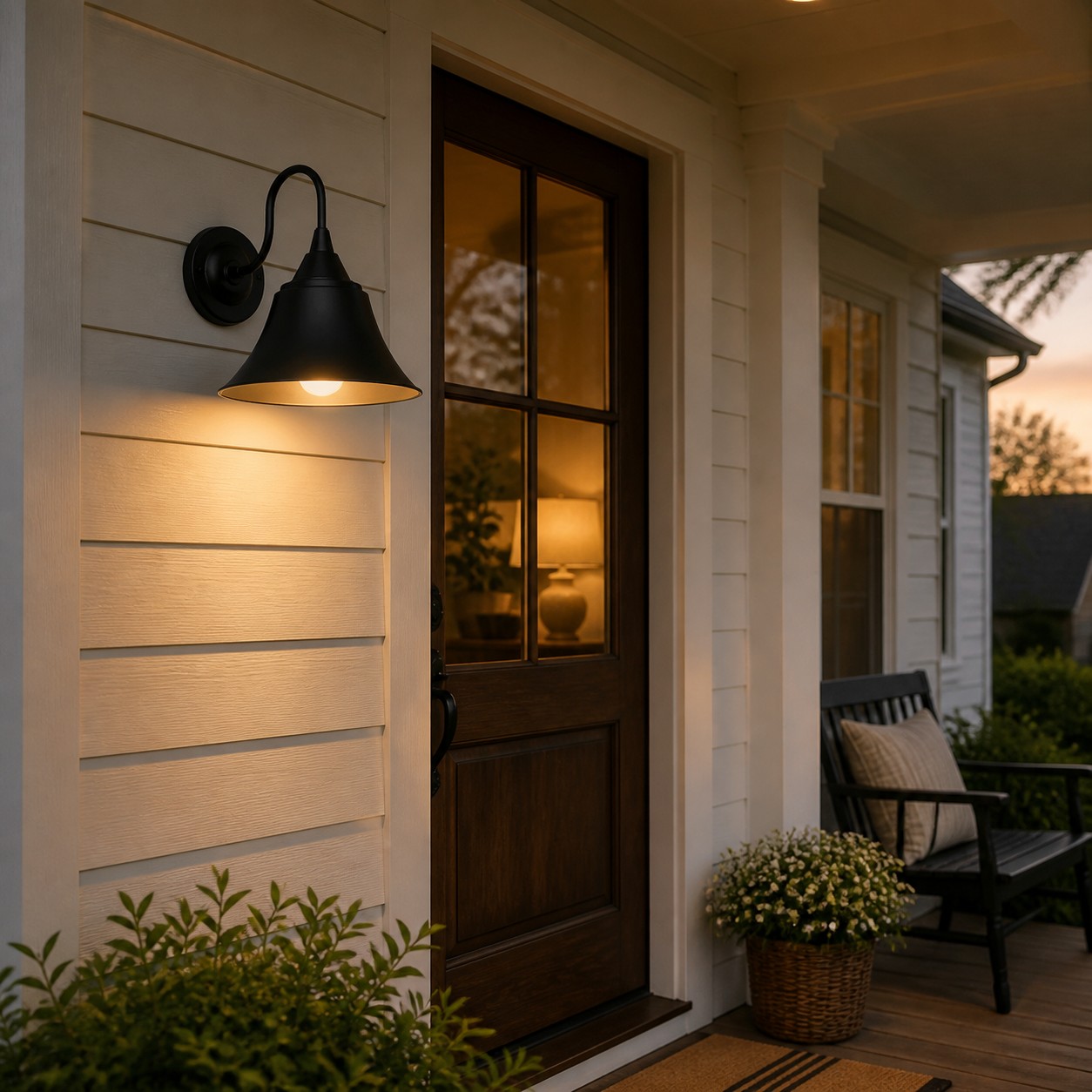 Black gooseneck outdoor wall sconce beside a farmhouse porch door
