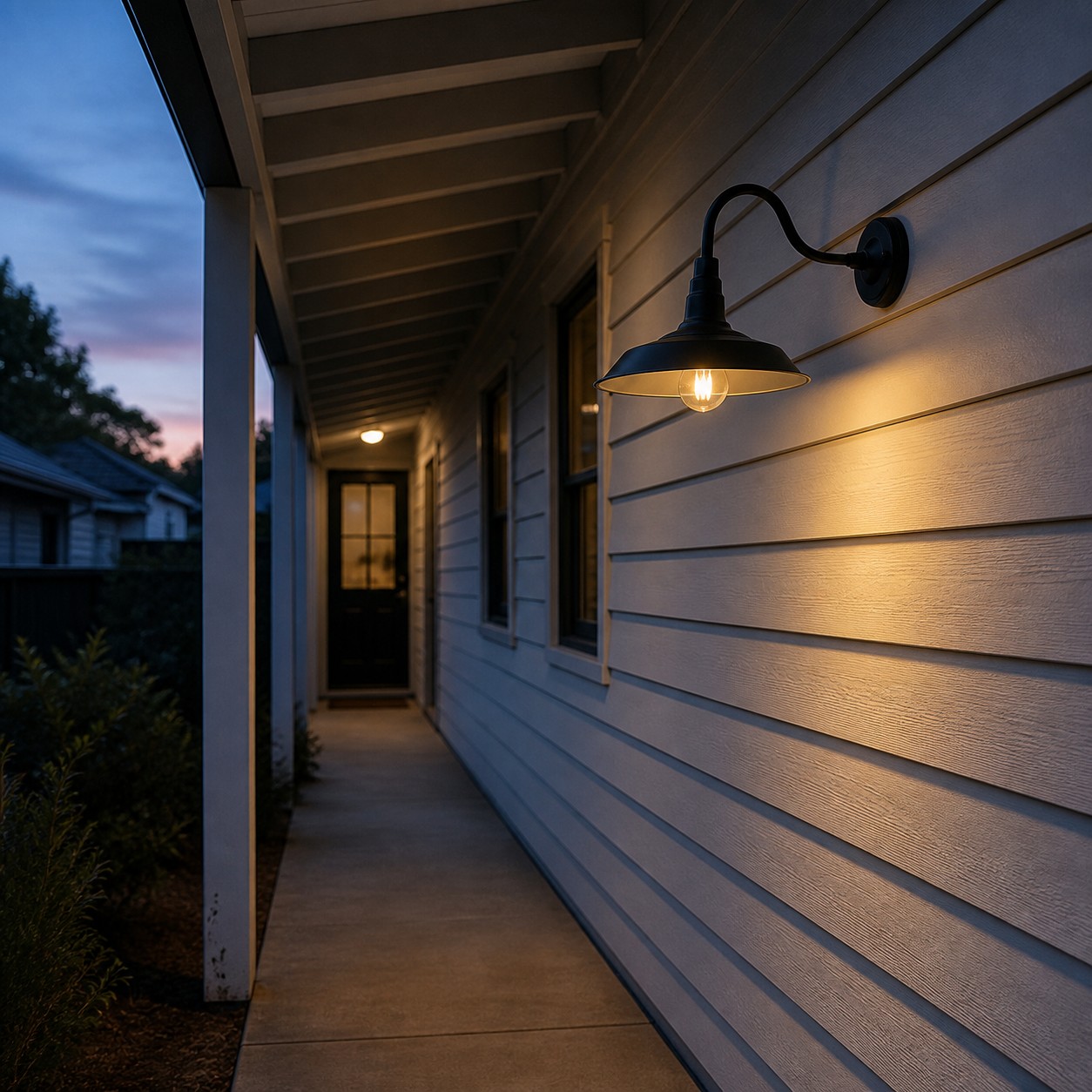 Solenvo gooseneck wall sconce mounted on a stone entry wall