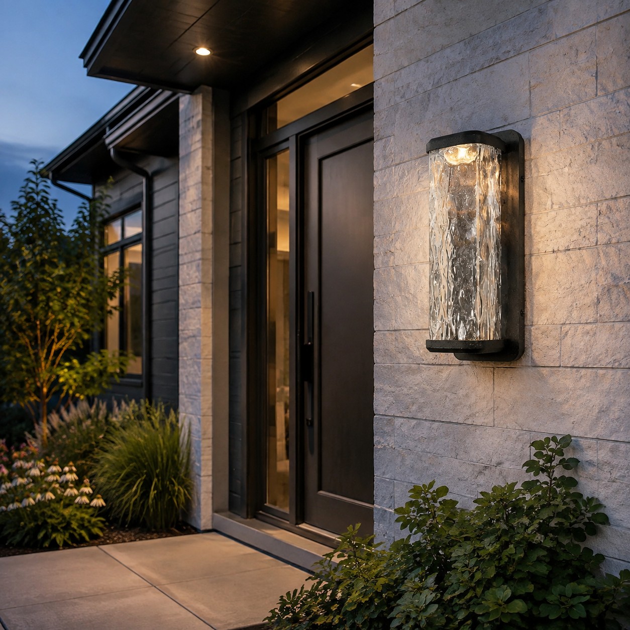 Modern front entry with outdoor LED wall light