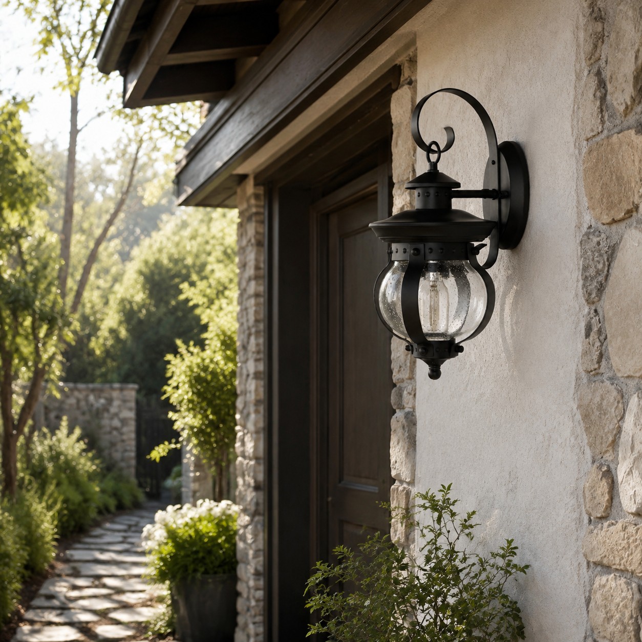 Black seeded glass wall lantern beside an exterior doorway
