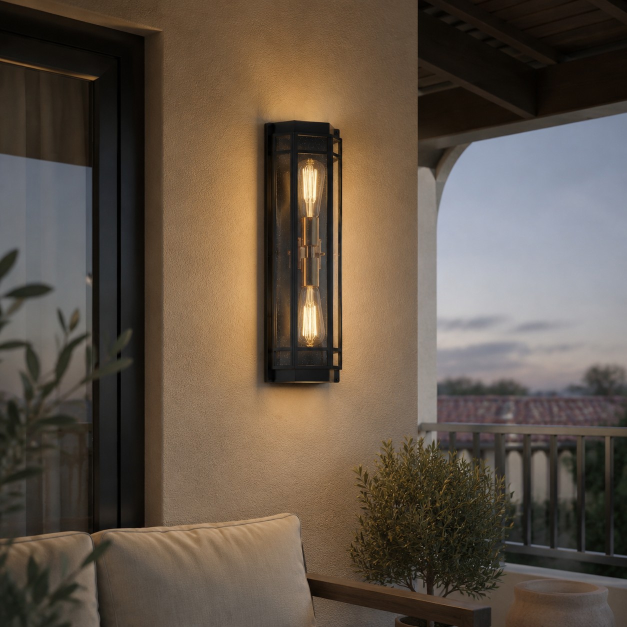 Black glass outdoor wall sconce on a covered patio