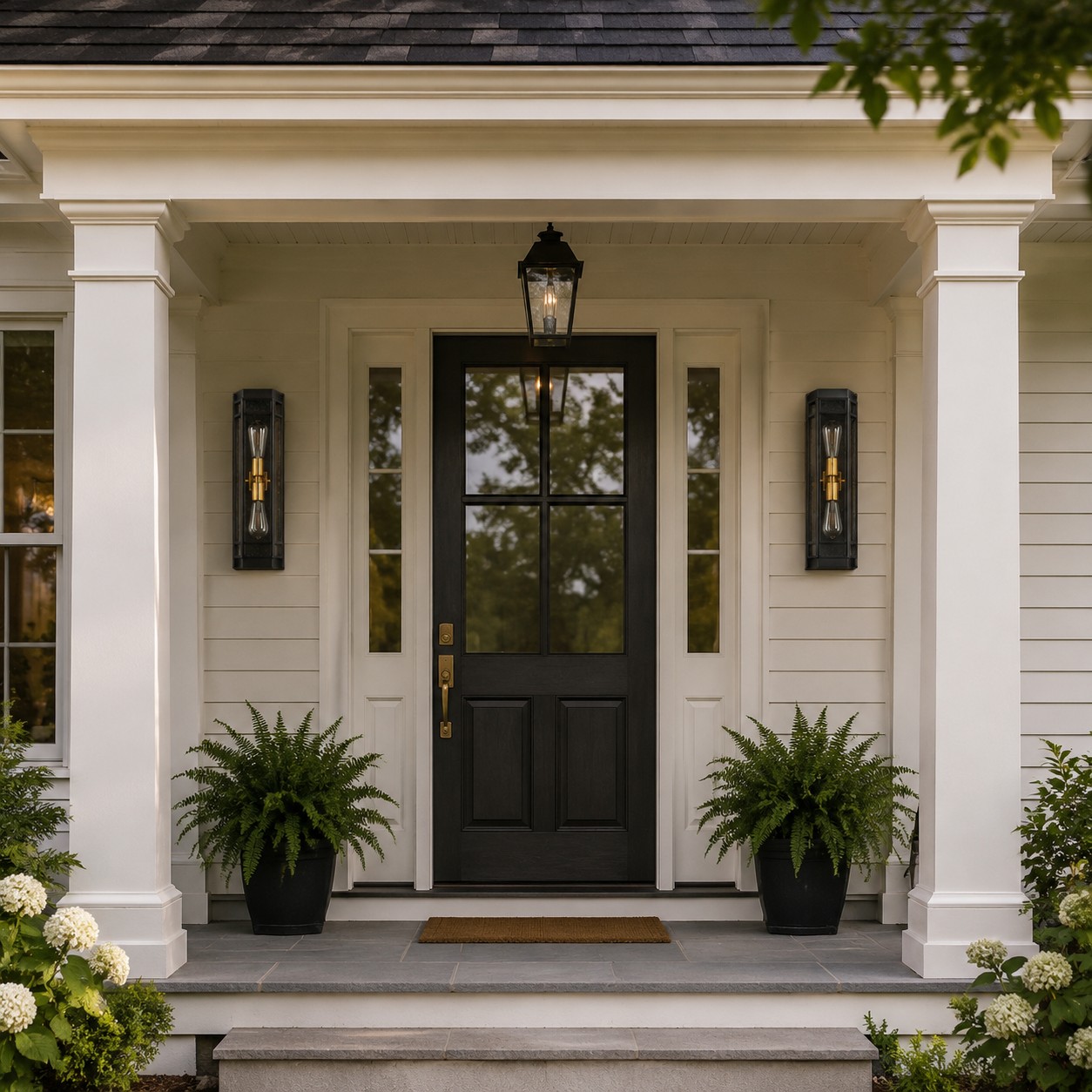 Pair of black glass outdoor wall sconces beside a front door