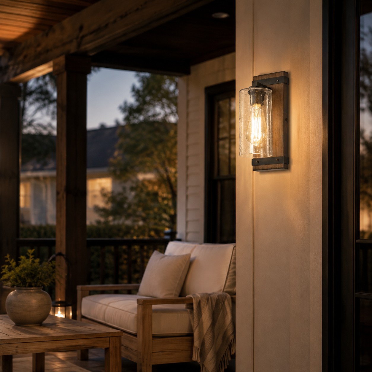 Seeded glass wall sconce on a covered patio