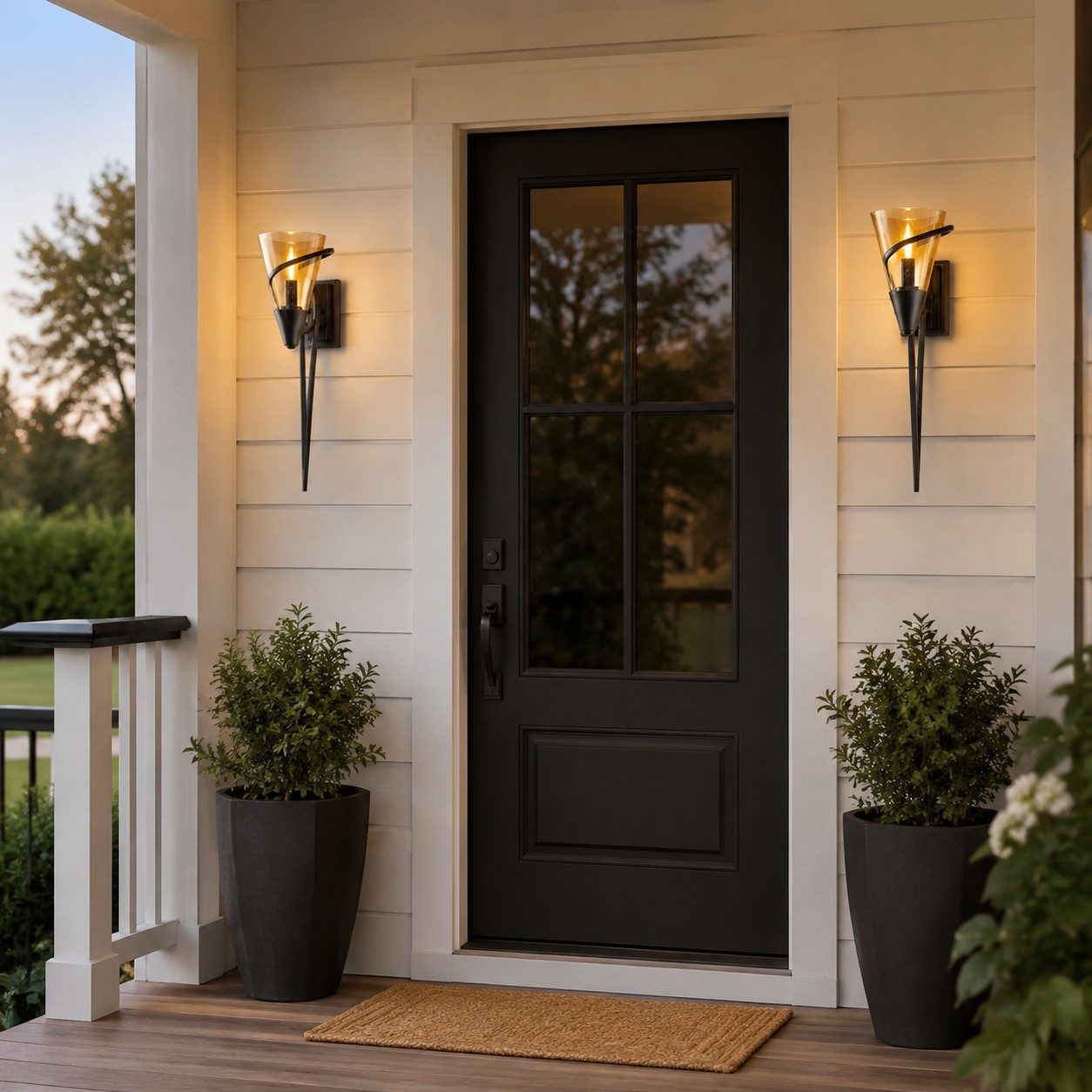 Two amber glass wall lamps framing a porch door