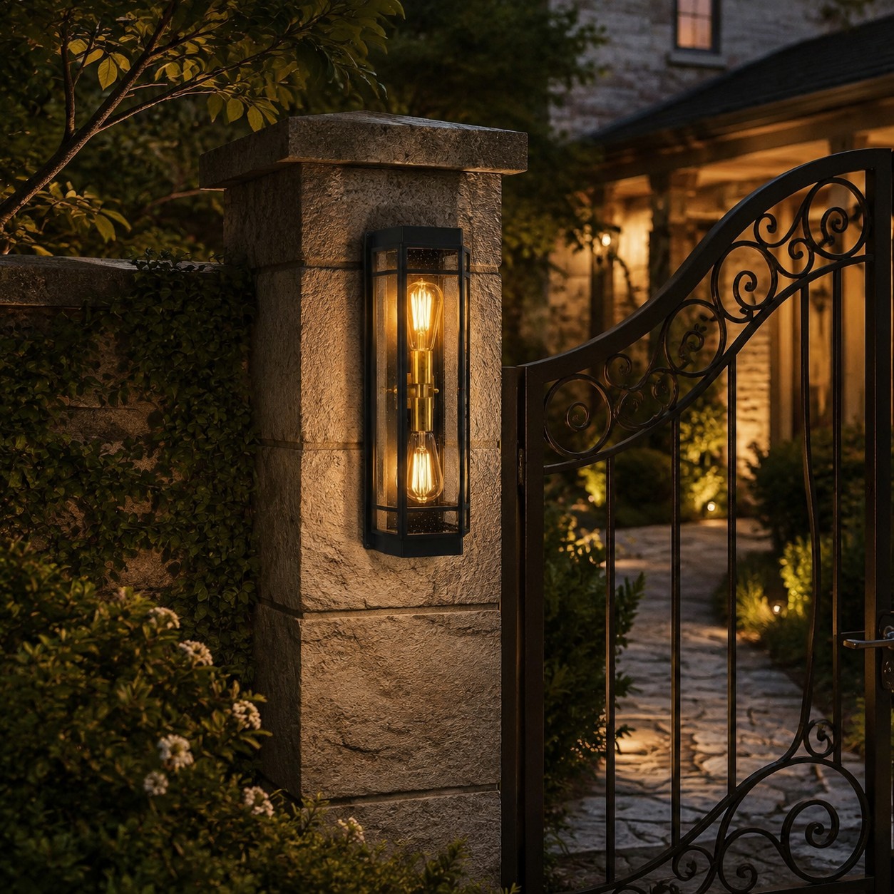 Black glass outdoor wall sconce at a garden gate