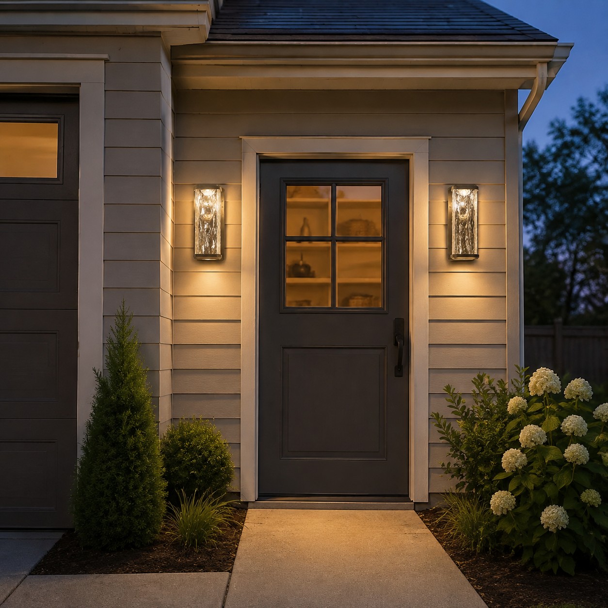 Pair of outdoor LED wall lights beside a side door