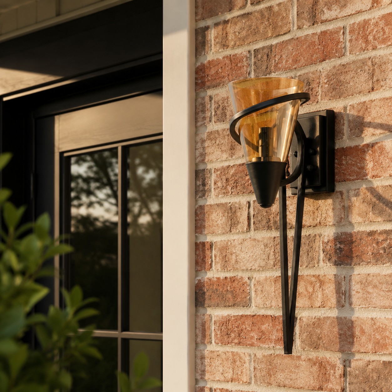 Amber glass wall lamp on a brick exterior wall
