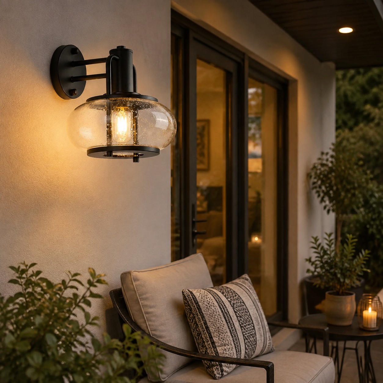 Black bubble glass wall sconce beside sheltered patio seating