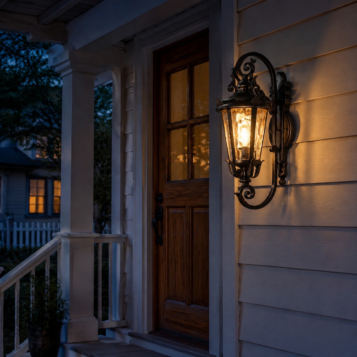 Vintage outdoor wall lantern on a covered porch