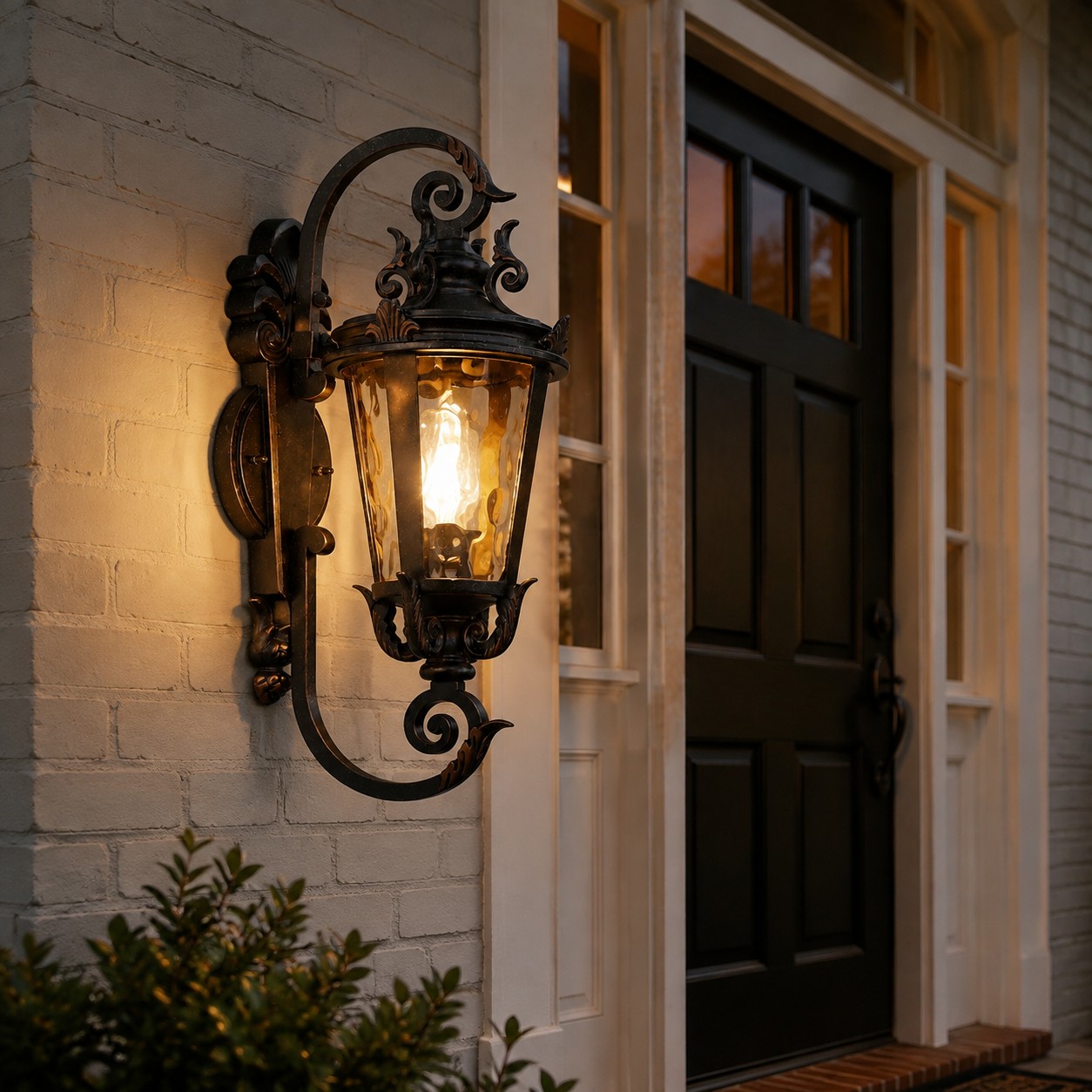 Vintage outdoor wall lantern beside a front door