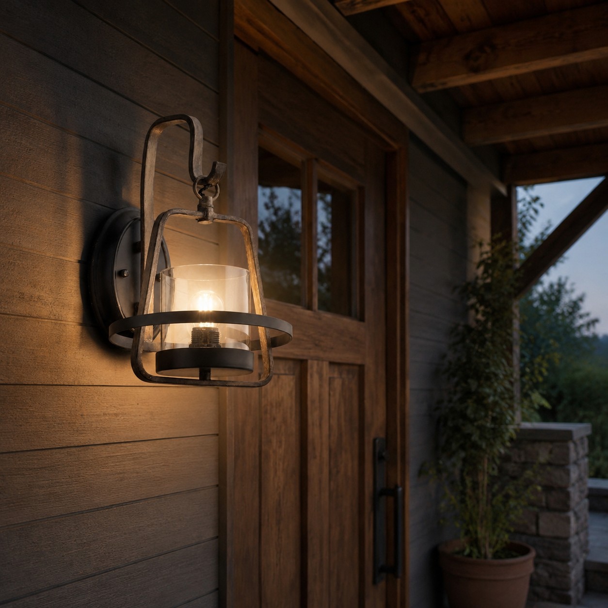 Rust finish clear glass wall sconce under a covered porch