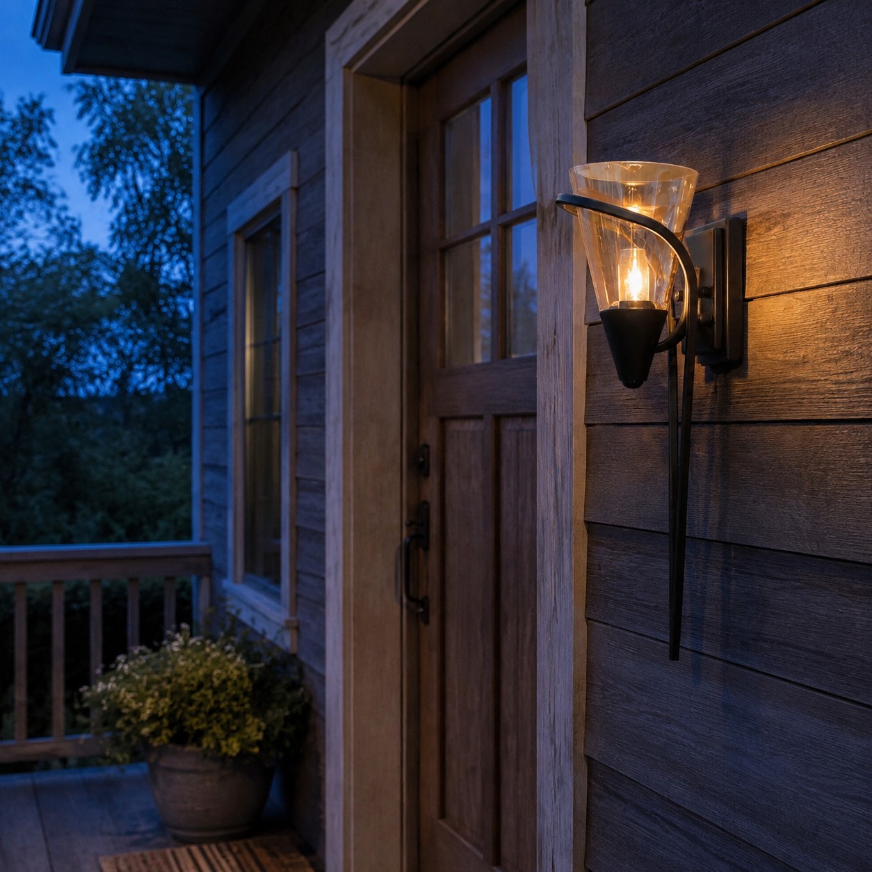 Amber glass wall lamp on a wood exterior at blue hour