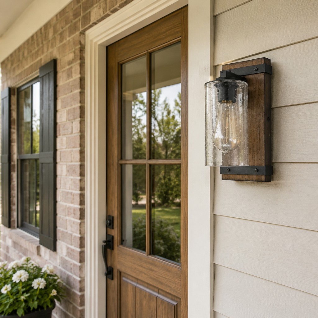 Seeded glass wall sconce beside a front door