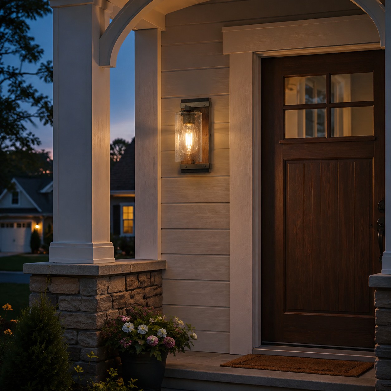 Seeded glass wall sconce at a porch entry