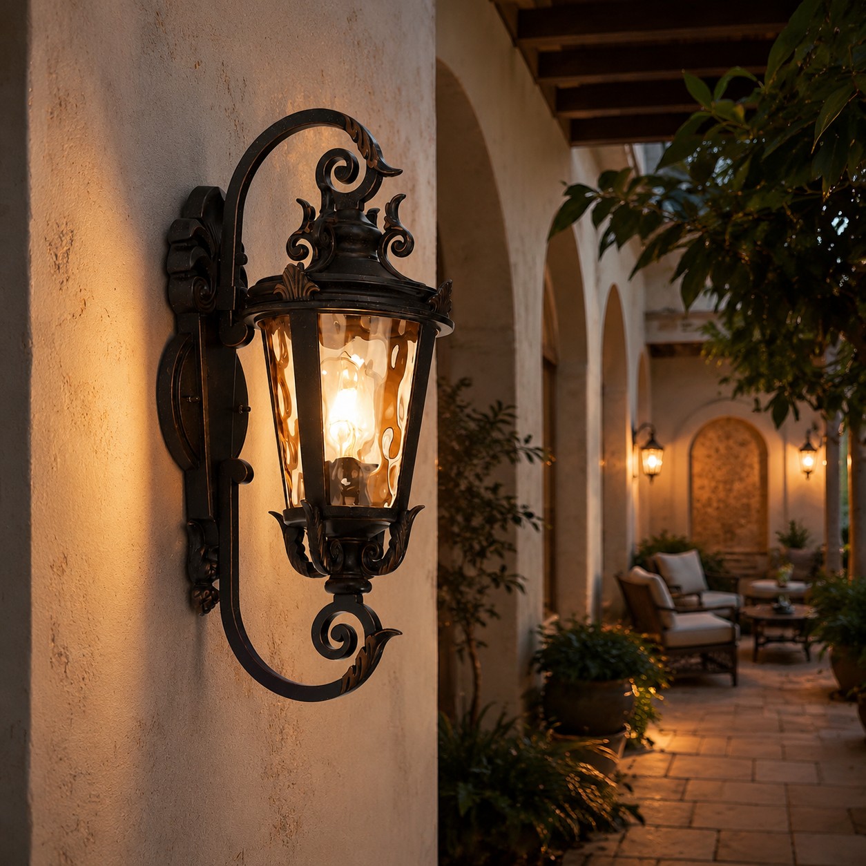 Vintage outdoor wall lantern in a sheltered courtyard