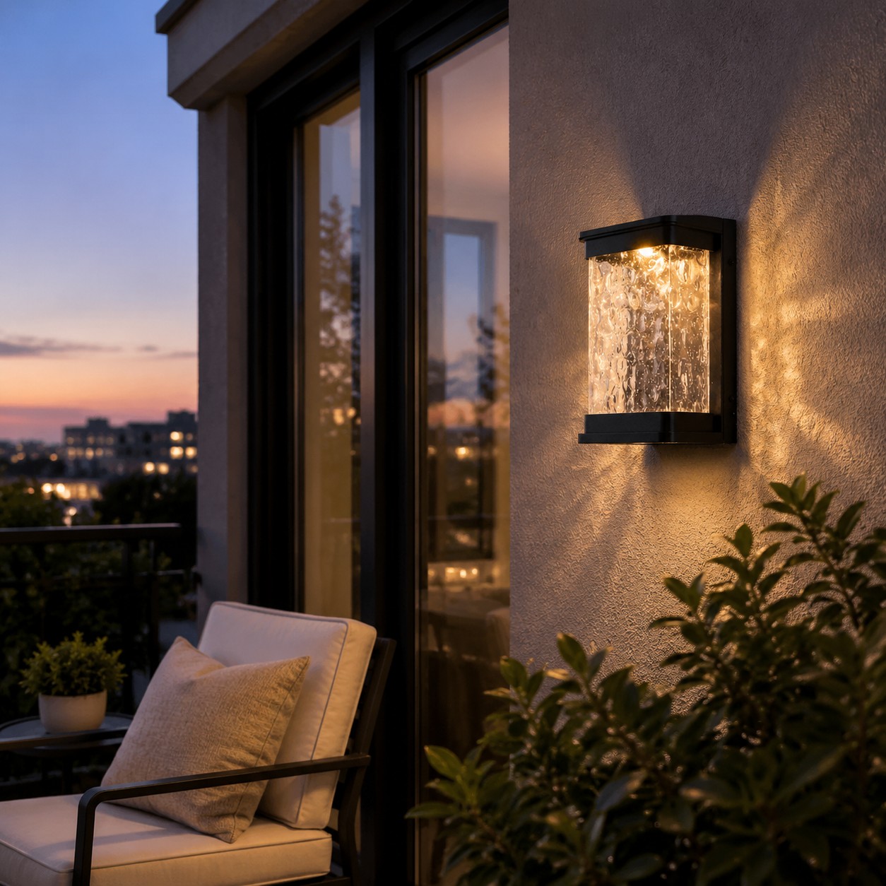 Outdoor LED wall light on a compact balcony