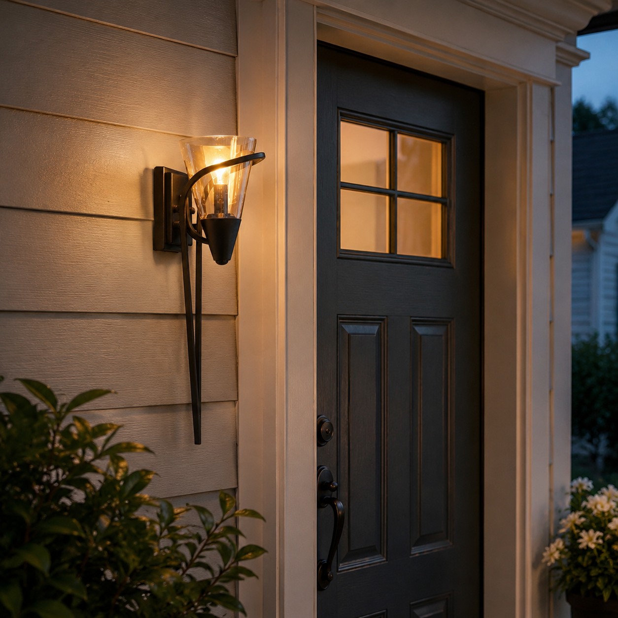 Amber glass wall lamp beside a front door at dusk