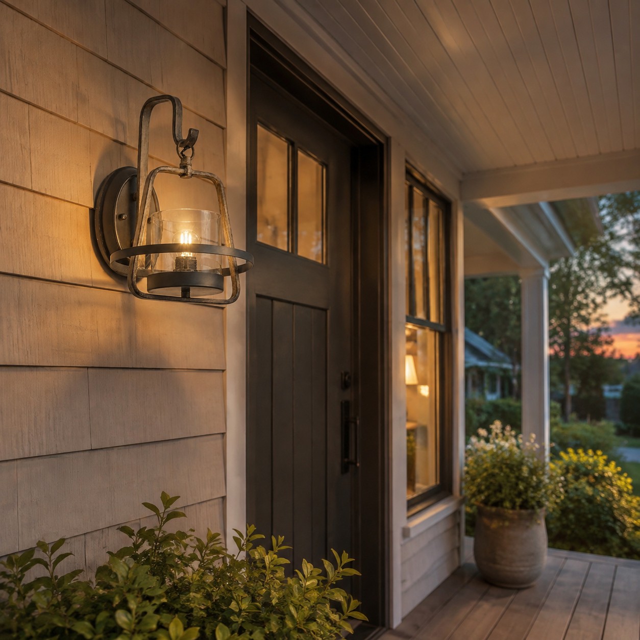 Rust finish clear glass wall sconce at a covered front door