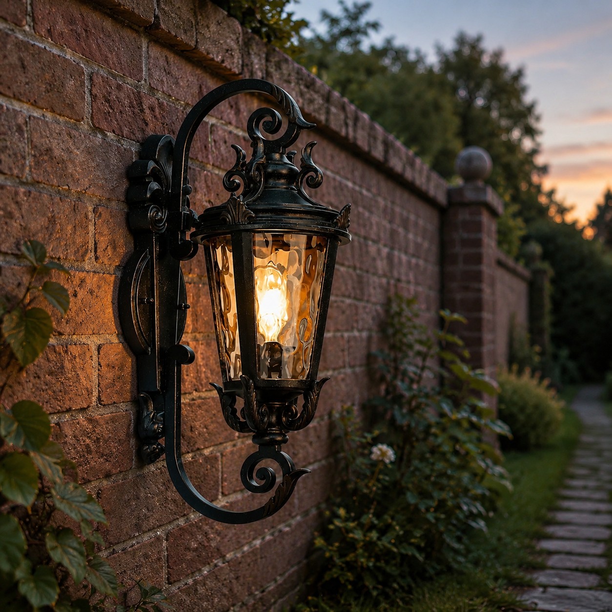 Vintage outdoor wall lantern on a garden wall