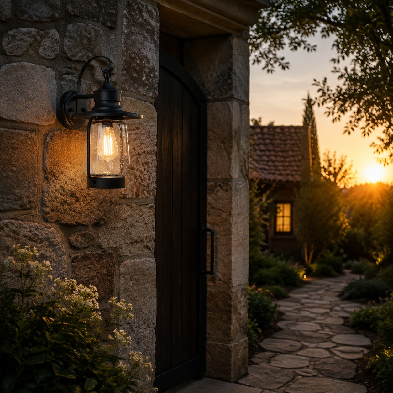 Stone entryway at sunset