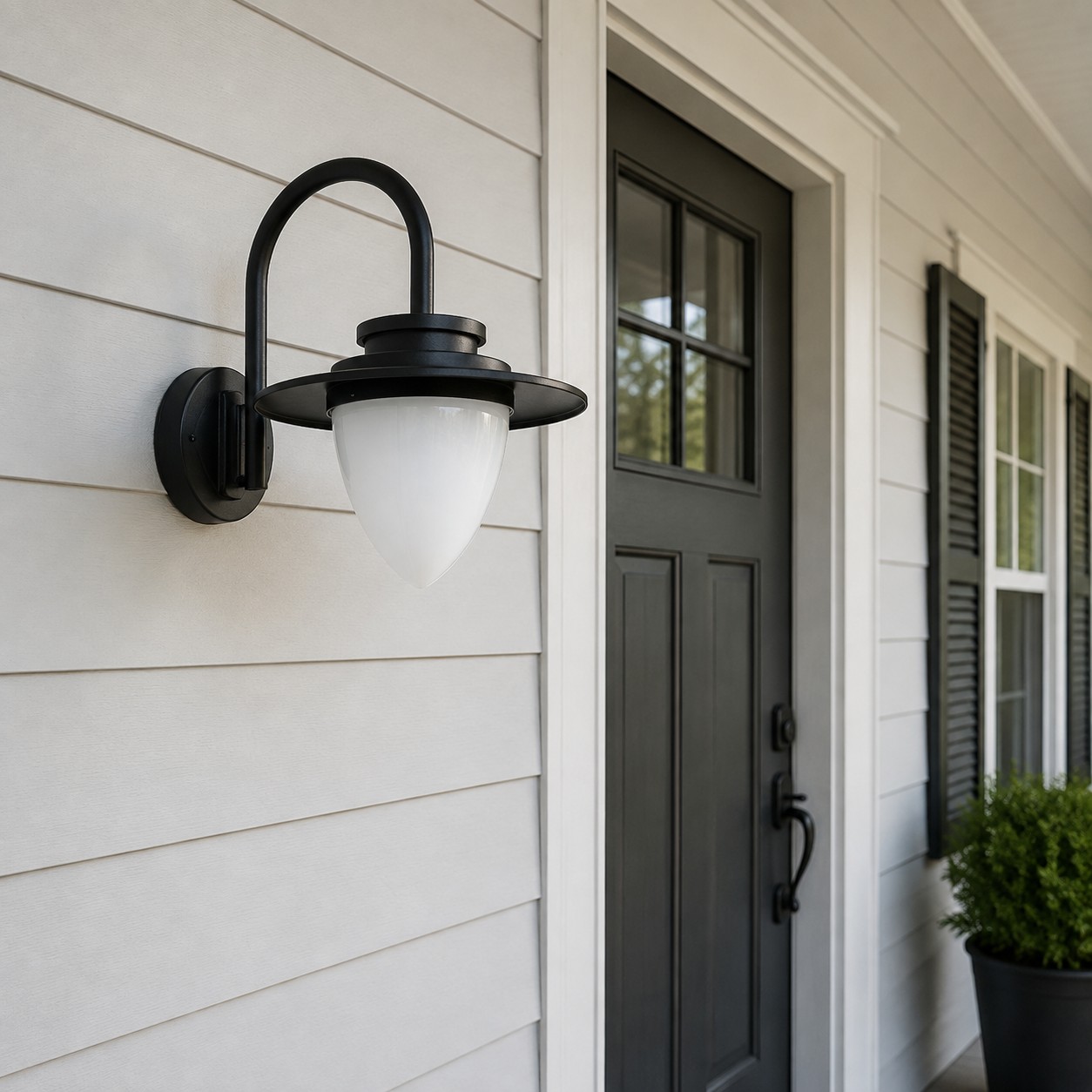 Black outdoor wall lantern on a daytime front porch entry