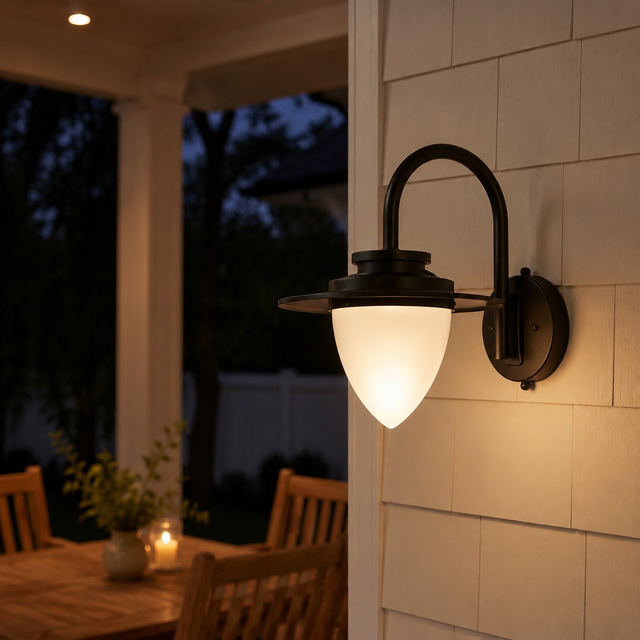 Black outdoor wall lantern glowing on a covered patio at night