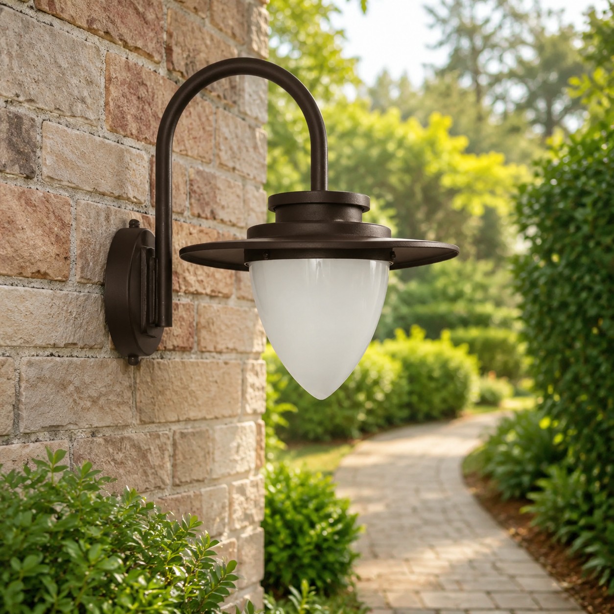 Coffee Brown outdoor wall lantern on a garden brick wall