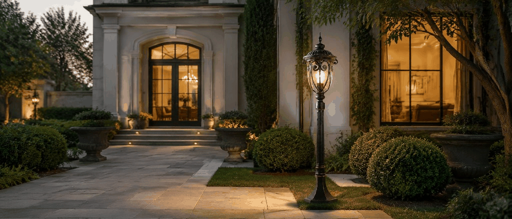 Outdoor post lantern lifestyle animation: daytime courtyard to dusk glow