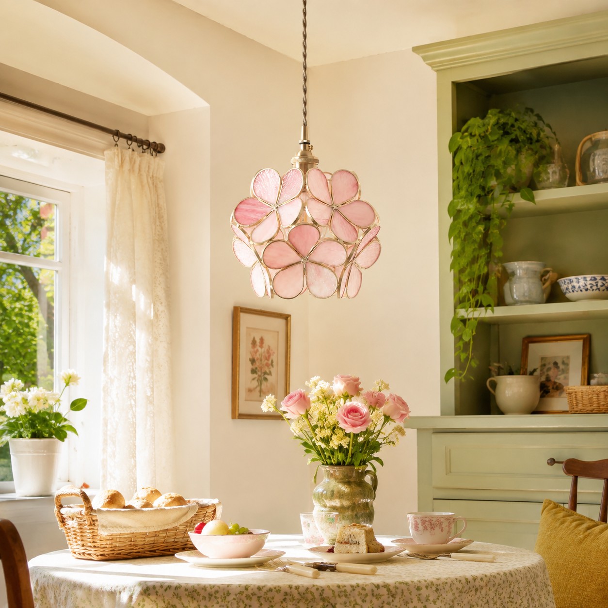 Pink flower-glass pendant over a cottage breakfast table