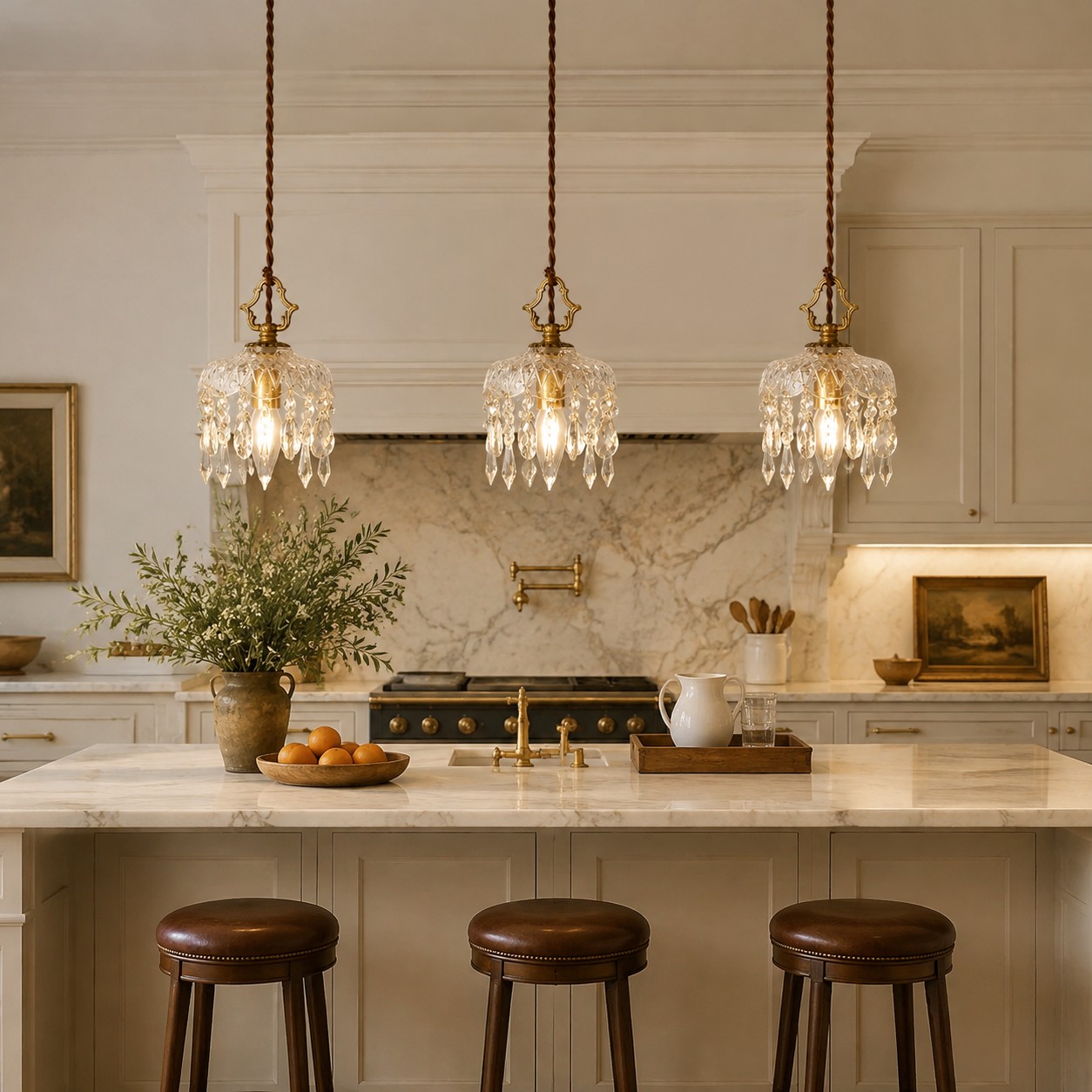 Three crystal glass pendants hanging in a row over a marble kitchen island