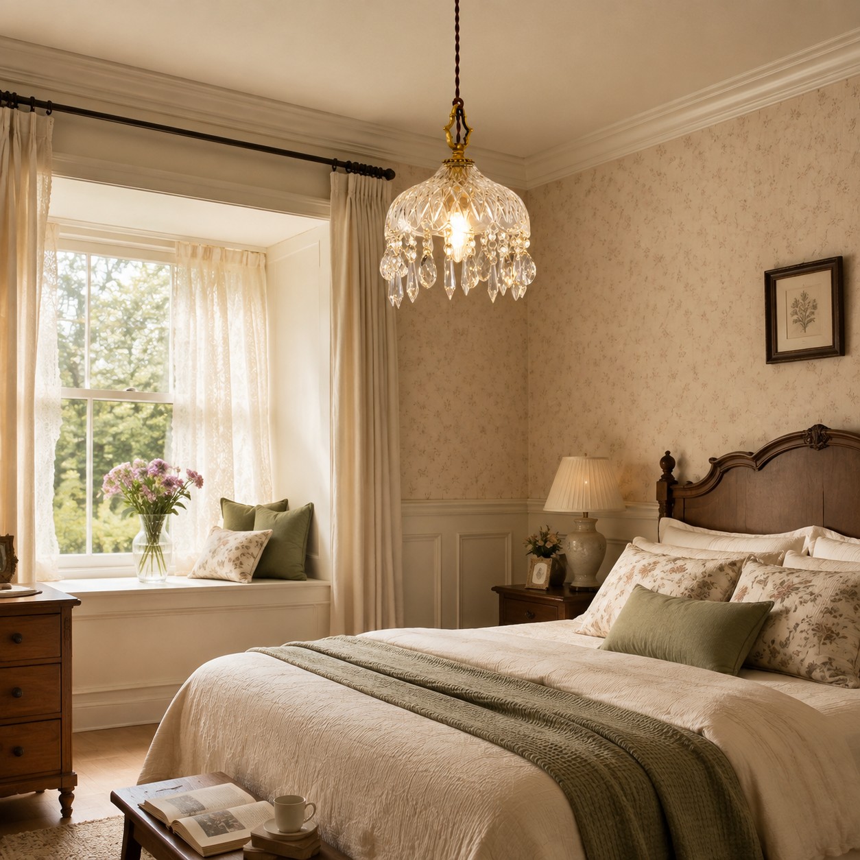 Crystal glass pendant hanging in a bedroom over a wood bed